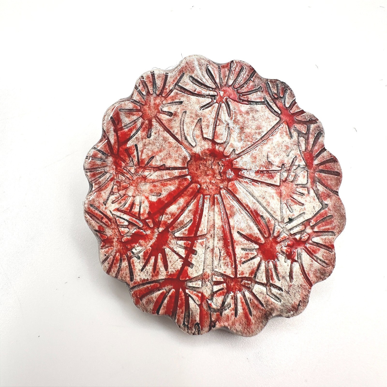 Vintage 80s Red White Ceramic Abstract Starburst Trinket Dish Pin Tray Jewelry